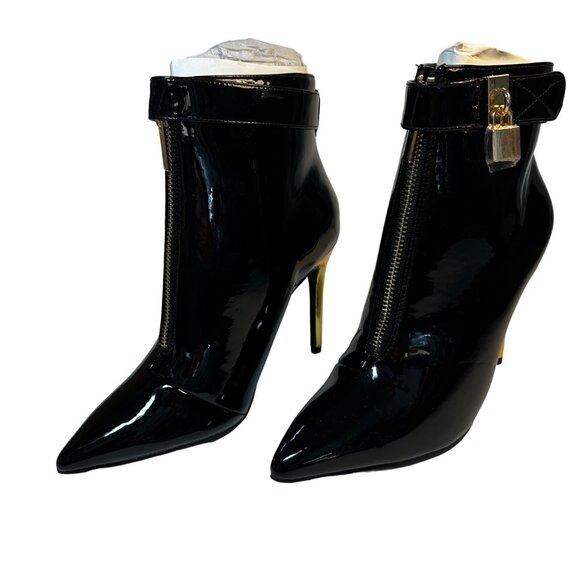 Shoe Dazzle Black Patent Leather Gold Heeled Ankle Boots Zipper Lock Detail 6.5 - Picture 2 of 8